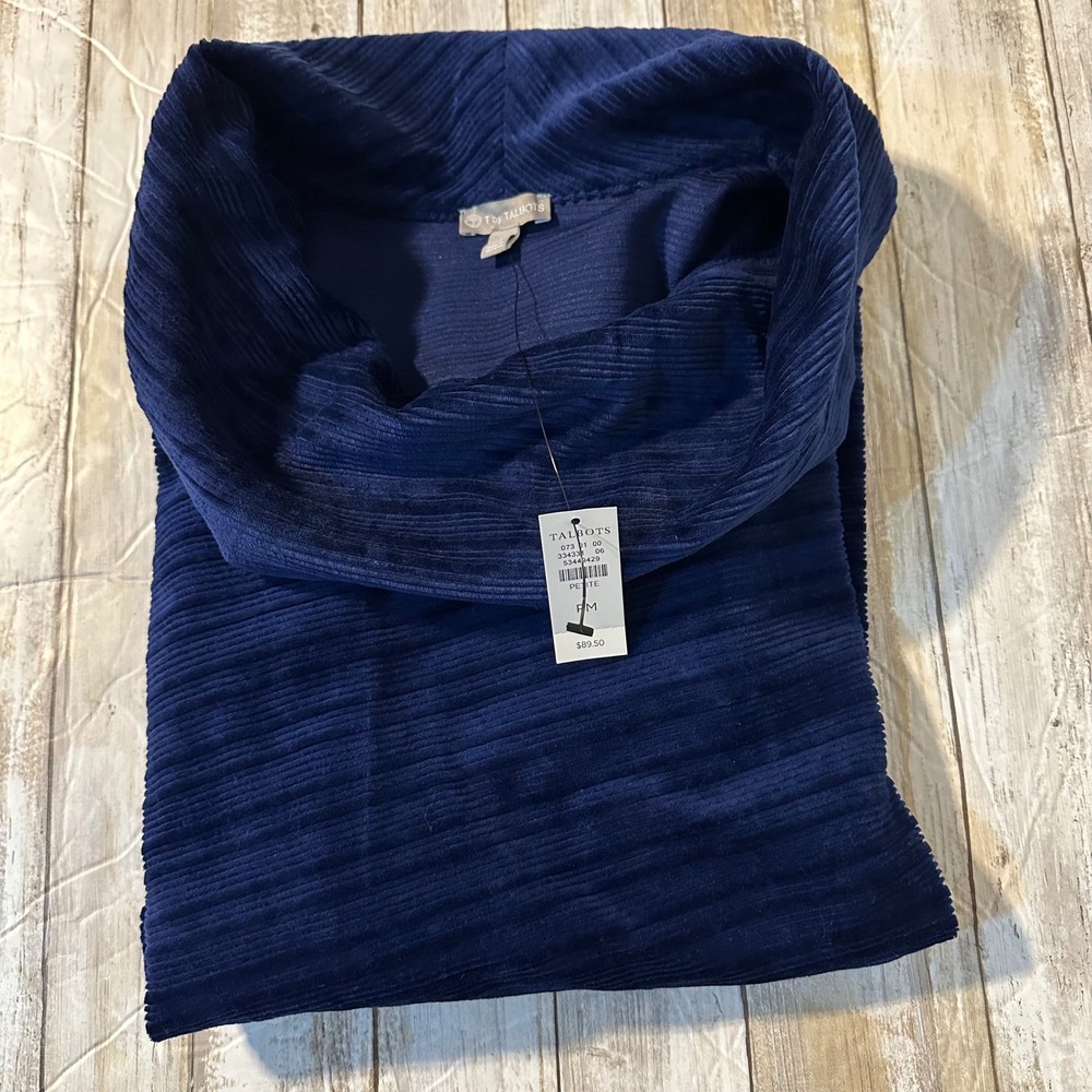 Talbots Petite Cozy Ribbed Cowl‎ Neck Top Navy Blue petite medium NWT